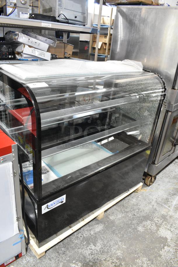 BRAND NEW SCRATCH AND DENT! Avantco  193BC48HCB 48" Curved Glass Black Refrigerated Bakery Display Case. See Pictures for Broken Glass. 110-120 Volts, 1 Phase. Tested and Working! - Image 1 of 7