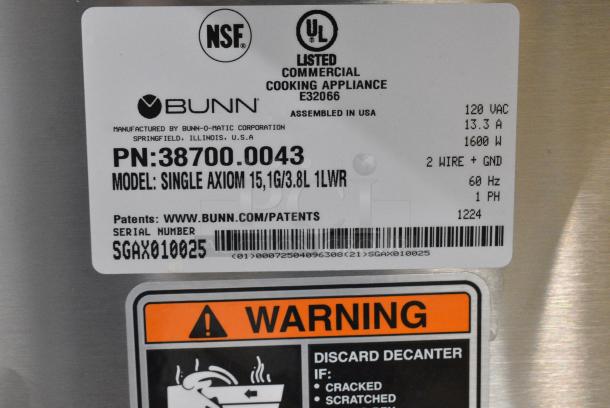 BRAND NEW SCRATCH AND DENT! 2024 Bunn SINGLE AXIOM 15 Stainless Steel Commercial Countertop Single 1 Gallon Coffee Brewer with Portable Server and Hot Water Dispenser. 120 Volts, 1 Phase. - Image 10 of 10