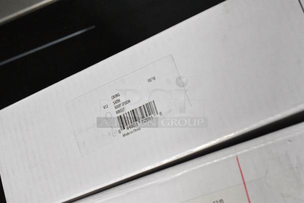13 BRAND NEW SCRATCH AND DENT! Boxes of Silverware Including 2 Sola MB324 Living Satin 9" 18/10 Stainless Steel Extra Heavy Weight Table Knife by Arc Cardinal - 12/Case, 2 Sola MB323 Living Satin 8 1/8" 18/10 Stainless Steel Extra Heavy Weight Table Fork by Arc Cardinal - 12/Case, 3 Sola MB327 Living Satin 7 3/8" 18/10 Stainless Steel Extra Heavy Weight Dessert Fork by Arc Cardinal - 12/Case, 2 Sola MB326 Living Satin 7 3/8" 18/10 Stainless Steel Extra Heavy Weight Dessert Spoon by Arc Cardinal - 12/Case, 2 Sola MB322 Living Satin 8 1/8" 18/10 Stainless Steel Extra Heavy Weight Tablespoon / Serving Spoon by Arc Cardinal - 12/Case, 2 Sola MB337 Living Satin 7 1/8" 18/10 Stainless Steel Extra Heavy Weight Bouillon Spoon by Arc Cardinal - 12/Case. 13 Times Your Bid! - Image 9 of 15