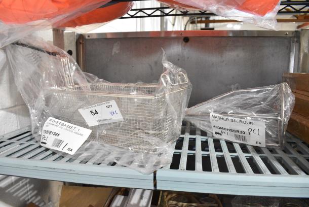 2 BRAND NEW SCRATCH AND DENT! Items Including 190FB1365 12 7/8" x 6 1/2" x 5 3/8" Fryer Basket with Front Hook and 483MSHSSR30 Fourté 30" Stainless Steel Round-Faced Potato Masher. 2 Times Your Bid! - Image 1 of 5