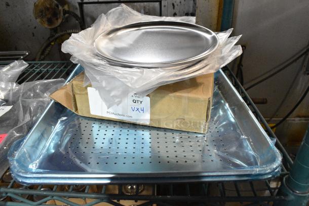 4 BRAND NEW SCRATCH AND DENT! Items Including 407PZCOUP08 Choice 8" Aluminum Coupe Pizza Pan, 407HALFPERF Choice Half Size 19 Gauge 13" x 18" Wire in Rim Aluminum Perforated Bun / Sheet Pan. 4 Times Your Bid! - Image 1 of 6