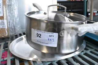 3 BRAND NEW SCRATCH AND DENT! Items Including Vigor 473TPLSCPAN7 SS3 Series 7 Qt. Tri-Ply Stainless Steel Sauce Pan with Cover and Helper Handle, 471SPC40 Choice 14 3/4" Aluminum Pot / Pan Cover. 3 Times Your Bid!