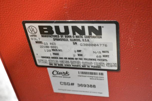 Bunn G3 RED Metal Commercial Countertop Coffee Bean Grinder. 120 Volts, 1 Phase. Tested and Working! - Image 7 of 7