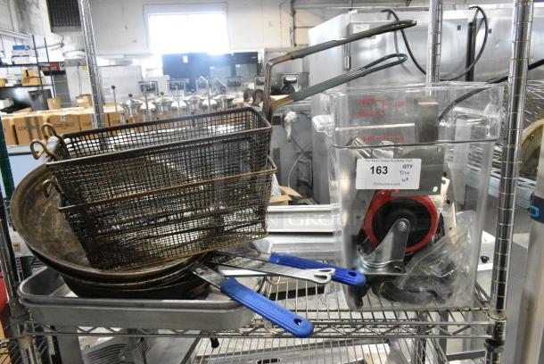 ALL ONE MONEY! Tier Lot of Various Items Including Metal Fry Baskets, Poly Bin and Skillets - Image 1 of 7