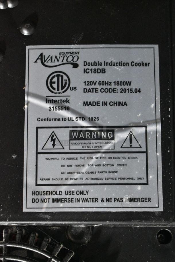 2 Avantco IC18DB Metal Countertop Electric Powered 2 Burner Induction Range. 120 Volts, 1 Phase. 2 Times Your Bid! - Image 7 of 7