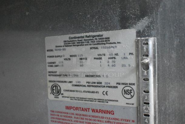 Continental SW48-BS Stainless Steel Commercial 2 Door Work Top Cooler on Commercial Casters. 115 Volts, 1 Phase. Tested and Working! - Image 8 of 8