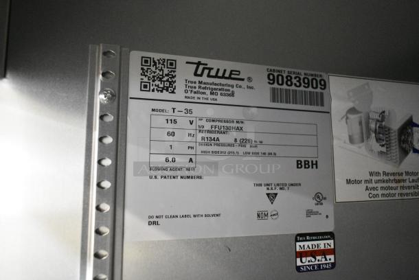 2017 True T-35 Stainless Steel Commercial 2 Door Reach In Cooler w/ Poly Coated Racks. 115 Volts, 1 Phase. Tested and Working! - Image 6 of 6