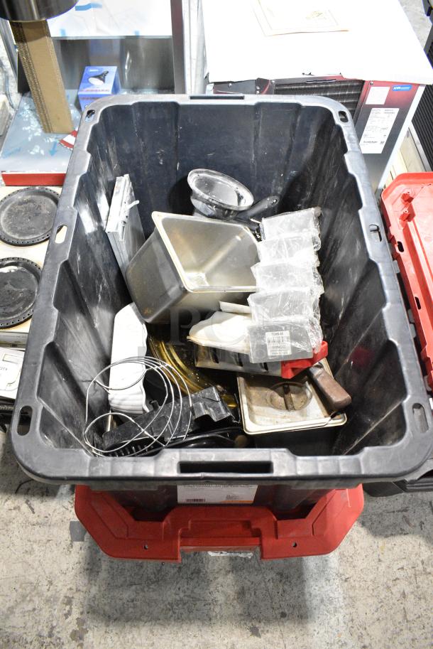 ALL ONE MONEY! Lot of 2 Bins of Various Items Including Stainless Steel Drop In Bins, Utensils, Bacon Presses, Poly Drip Trays, Paint Brushes, Metal Pieces - Image 2 of 18