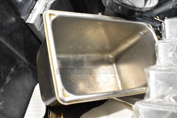 ALL ONE MONEY! Lot of 2 Bins of Various Items Including Stainless Steel Drop In Bins, Utensils, Bacon Presses, Poly Drip Trays, Paint Brushes, Metal Pieces - Image 3 of 18
