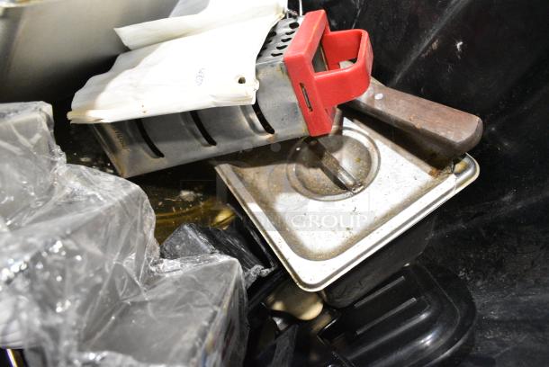 ALL ONE MONEY! Lot of 2 Bins of Various Items Including Stainless Steel Drop In Bins, Utensils, Bacon Presses, Poly Drip Trays, Paint Brushes, Metal Pieces - Image 5 of 18
