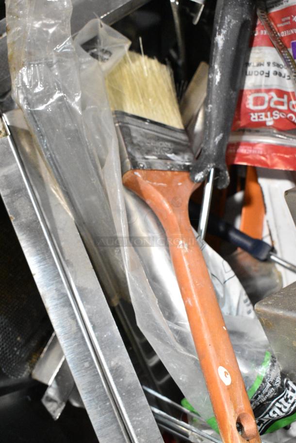 ALL ONE MONEY! Lot of 2 Bins of Various Items Including Stainless Steel Drop In Bins, Utensils, Bacon Presses, Poly Drip Trays, Paint Brushes, Metal Pieces - Image 9 of 18