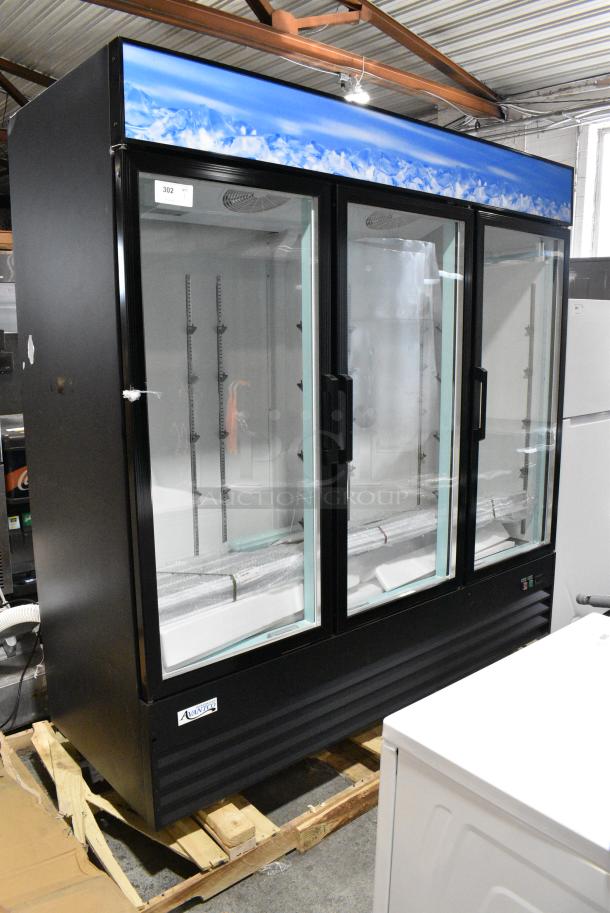 BRAND NEW SCRATCH AND DENT! 2024 Avantco 178GDC69HCB Metal Commercial 3 Door Reach In Cooler Merchandiser. 115 Volts, 1 Phase. Tested and Working! - Image 1 of 10