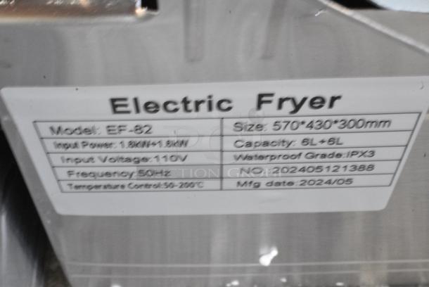 BRAND NEW SCRATCH AND DENT! 2024 EF-82 Stainless Steel Countertop Electric Powered 2 Bay Fryer w/ 2 Metal Fry Baskets and 2 Lids. 110 Volts, 1 Phase. - Image 6 of 7