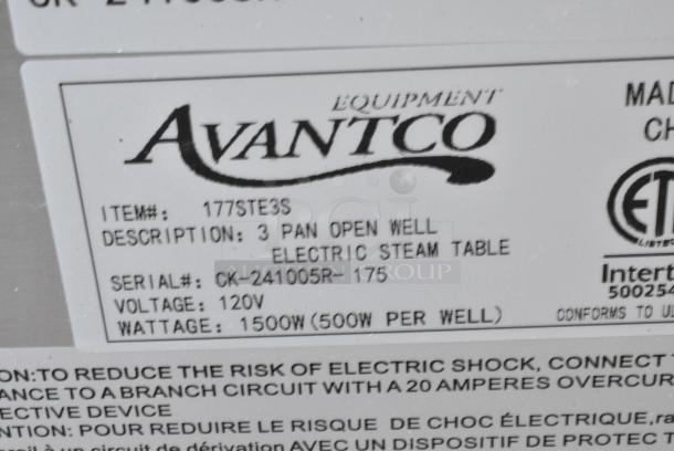 BRAND NEW SCRATCH AND DENT! 2024 Avantco 177STE3S Stainless Steel Countertop Electric Powered 3 Bay Steam Table. 120 Volts, 1 Phase. Tested and Working! - Image 10 of 13