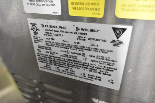 BRAND NEW SCRATCH AND DENT! 2022 Cleveland 22CGT3.1 Stainless Steel Commercial Countertop Natural Gas Powered Single Deck Steam Cabinet. - Image 7 of 7