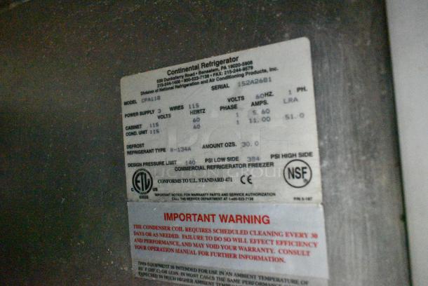 Continental CPA118 Stainless Steel Commercial Pizza Prep Table w/ Stainless Steel Drop In Bins. 115 Volts, 1 Phase. Tested and Working! - Image 16 of 16