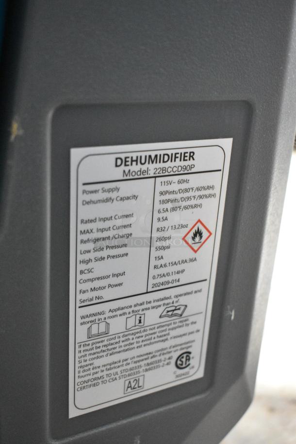 BRAND NEW SCRATCH AND DENT! Boltic 22BCCD90P Metal Portable Dehumidifier on Casters. 115 Volts, 1 Phase. - Image 9 of 9