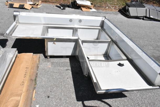 BRAND NEW SCRATCH AND DENT1`Regency 600S3242424C Stainless Steel 3 Bay L Shaped Sink w/ Dual Drain Boards. No Legs. - Image 1 of 7
