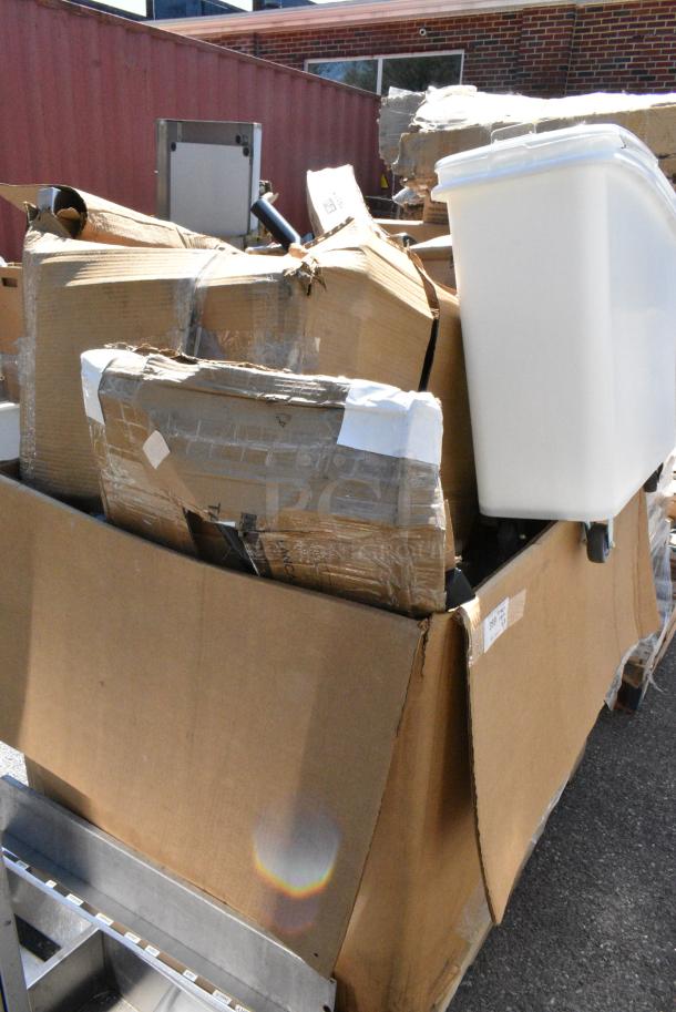 10 BRAND NEW SCRATCH AND DENT! Items Including 600SM242412 Regency 29" 16-Gauge Stainless Steel One Compartment Floor Mop Sink - 24" x 24" x 12" Bowl, FG572900WHT 22 Qt. White Round Polyethylene Food Storage Container. 10 Times Your Bid! May Be Missing Pieces. - Image 1 of 8