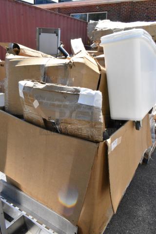 10 BRAND NEW SCRATCH AND DENT! Items Including 600SM242412 Regency 29" 16-Gauge Stainless Steel One Compartment Floor Mop Sink - 24" x 24" x 12" Bowl, FG572900WHT 22 Qt. White Round Polyethylene Food Storage Container. 10 Times Your Bid! May Be Missing Pieces.