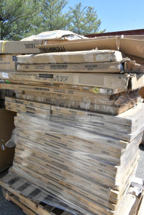 27 BRAND NEW SCRATCH AND DENT! Items Including 427SM2848VE Lancaster Table & Seating Excalibur 28" x 48" Rectangular Table Top with Smooth Versilla Finish, 428SM2828VE Lancaster Table & Seating Excalibur Square Table Top with Smooth Versilla Finish, 600T2448G Regency 24" x 48" 18-Gauge 304 Stainless Steel Commercial Work Table with Galvanized Legs and Undershelf, 3493048ANTWA Lancaster Table & Seating Industrial 30" x 48" Solid Wood Live Edge Table Top with Rustic Walnut Finish, 109APR1820L Regency 20 Pan End Load Bun / Sheet Pan Rack with Non-Marking Casters - Unassembled, 465C1824K54 Steelton 18" x 24" NSF Chrome 4-Shelf Kit with 54" Posts. 27 Times Your Bid! May Be Missing Pieces. - Image 1 of 10