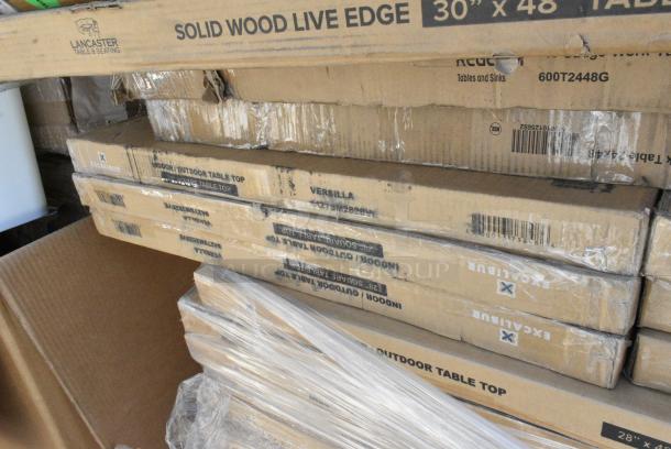 27 BRAND NEW SCRATCH AND DENT! Items Including 427SM2848VE Lancaster Table & Seating Excalibur 28" x 48" Rectangular Table Top with Smooth Versilla Finish, 428SM2828VE Lancaster Table & Seating Excalibur Square Table Top with Smooth Versilla Finish, 600T2448G Regency 24" x 48" 18-Gauge 304 Stainless Steel Commercial Work Table with Galvanized Legs and Undershelf, 3493048ANTWA Lancaster Table & Seating Industrial 30" x 48" Solid Wood Live Edge Table Top with Rustic Walnut Finish, 109APR1820L Regency 20 Pan End Load Bun / Sheet Pan Rack with Non-Marking Casters - Unassembled, 465C1824K54 Steelton 18" x 24" NSF Chrome 4-Shelf Kit with 54" Posts. 27 Times Your Bid! May Be Missing Pieces. - Image 4 of 10