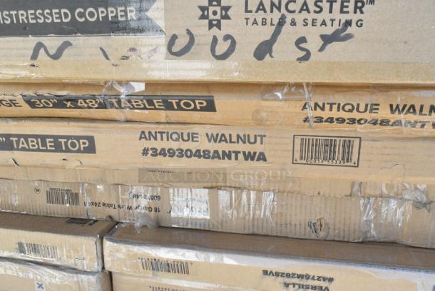 27 BRAND NEW SCRATCH AND DENT! Items Including 427SM2848VE Lancaster Table & Seating Excalibur 28" x 48" Rectangular Table Top with Smooth Versilla Finish, 428SM2828VE Lancaster Table & Seating Excalibur Square Table Top with Smooth Versilla Finish, 600T2448G Regency 24" x 48" 18-Gauge 304 Stainless Steel Commercial Work Table with Galvanized Legs and Undershelf, 3493048ANTWA Lancaster Table & Seating Industrial 30" x 48" Solid Wood Live Edge Table Top with Rustic Walnut Finish, 109APR1820L Regency 20 Pan End Load Bun / Sheet Pan Rack with Non-Marking Casters - Unassembled, 465C1824K54 Steelton 18" x 24" NSF Chrome 4-Shelf Kit with 54" Posts. 27 Times Your Bid! May Be Missing Pieces. - Image 6 of 10