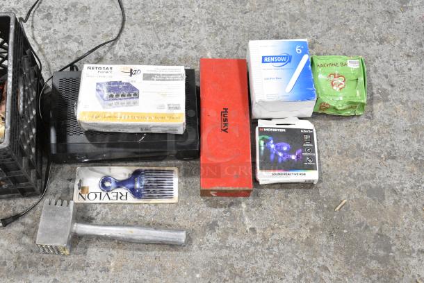 ALL ONE MONEY! Lot of Various Items Including Netgear ProSafe Desktop Switch, Meat Tenderizer, Case in Poly Bin, Monster Sound Reactive RGB, Comb, Tongue Depressors - Image 8 of 14