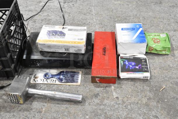 ALL ONE MONEY! Lot of Various Items Including Netgear ProSafe Desktop Switch, Meat Tenderizer, Case in Poly Bin, Monster Sound Reactive RGB, Comb, Tongue Depressors - Image 9 of 14