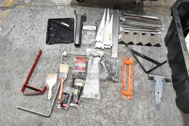 ALL ONE MONEY! Lot of 2 Bins of Various Items Including Stainless Steel Drop In Bins, Utensils, Bacon Presses, Poly Drip Trays, Paint Brushes, Metal Pieces - Image 1 of 18