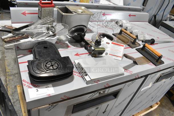 ALL ONE MONEY! Lot of 2 Bins of Various Items Including Stainless Steel Drop In Bins, Utensils, Bacon Presses, Poly Drip Trays, Paint Brushes, Metal Pieces - Image 12 of 18