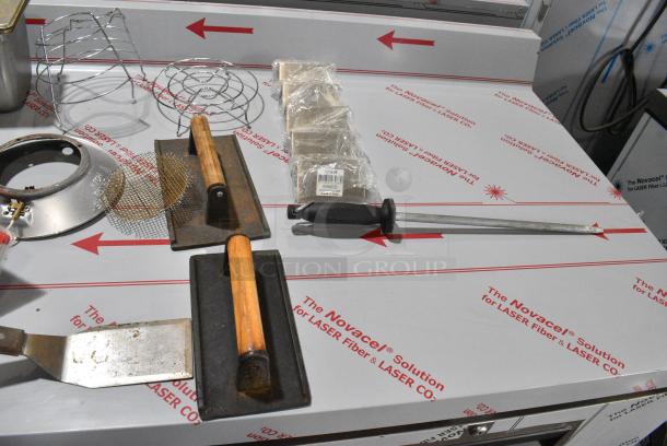 ALL ONE MONEY! Lot of 2 Bins of Various Items Including Stainless Steel Drop In Bins, Utensils, Bacon Presses, Poly Drip Trays, Paint Brushes, Metal Pieces - Image 13 of 18