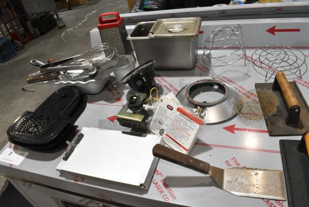 ALL ONE MONEY! Lot of 2 Bins of Various Items Including Stainless Steel Drop In Bins, Utensils, Bacon Presses, Poly Drip Trays, Paint Brushes, Metal Pieces - Image 14 of 18