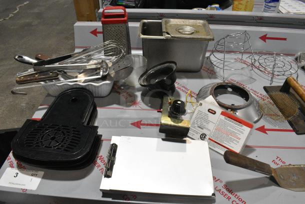 ALL ONE MONEY! Lot of 2 Bins of Various Items Including Stainless Steel Drop In Bins, Utensils, Bacon Presses, Poly Drip Trays, Paint Brushes, Metal Pieces - Image 15 of 18
