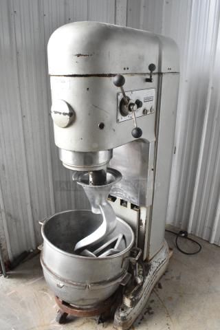 Hobart M 802 Metal Commercial Floor Style 80 Quart Planetary Dough Mixer w/ Metal Mixing Bowl, Bowl Dolly and Dough Hook Attachment. 200 Volts, 3 Phase.