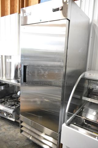 BRAND NEW SCRATCH AND DENT! 2024 Avantco 178A23RHC Stainless Steel Commercial Single Door Reach In Cooler on Commercial Casters. 115 Volts, 1 Phase.