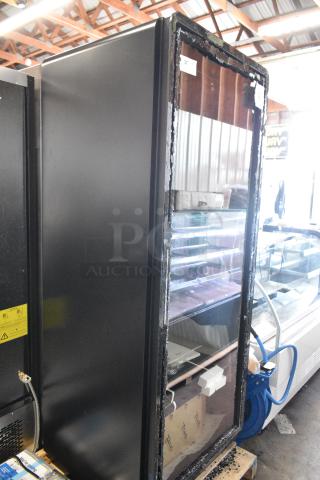 BRAND NEW SCRATCH AND DENT! 2025 True CVM-27-HC 30" Black Refrigerated Contemporary Glass Door Merchandiser with LED Lighting - 78 1/2" Tall. See Pictures for Glass Damage. 115 Volts, 1 Phase.