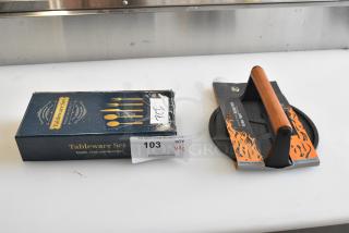 2 BRAND NEW SCRATCH AND DENT! Items Including Outset® 8" Cast Iron Flat Grill Press Q112 and Tableware Set. 2 Times Your Bid!