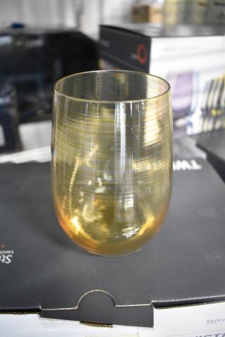 4 BRAND NEW SCRATCH AND DENT! Box of 6 Stolzle Twister from Global Tableware Collective 16.5 oz. Amber Stemless Wine Glass / Tumbler. 4 Times Your Bid!
