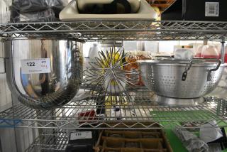 3 BRAND NEW SCRATCH AND DENT! Items Including Carlisle 60277 Signature Select Dura-Ware 16 Qt. Heavy-Duty Aluminum Colander with Base and Handles, Whisk Attachment for Hobart Mixer, Metal Mixing Bowl for Hobart Mixer. 3 Times Your Bid!
