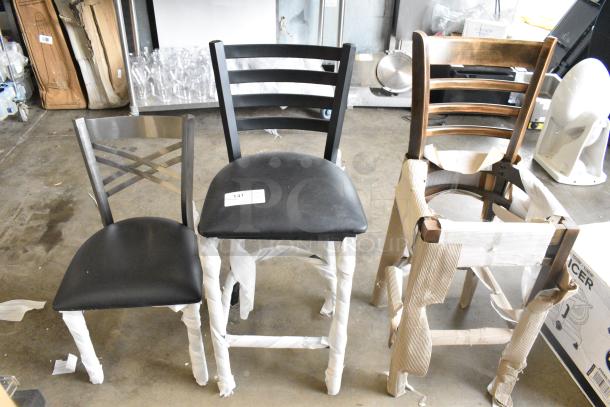 3 BRAND NEW SCRATCH AND DENT! Items Including Silver Dining Height Cross Back Chair w/ Black Cushion, Black Ladder Back Bar Height Chair w/ Black Cushion and Wooden Ladder Back Chair Frame. 3 Times Your Bid! - Image 1 of 10