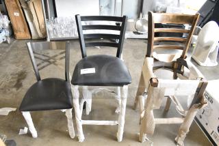 3 BRAND NEW SCRATCH AND DENT! Items Including Silver Dining Height Cross Back Chair w/ Black Cushion, Black Ladder Back Bar Height Chair w/ Black Cushion and Wooden Ladder Back Chair Frame. 3 Times Your Bid!