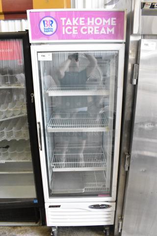 Turbo Air TGF-23F Metal Commercial Single Door Reach In Freezer Merchandiser w/ Poly Coated Racks on Commercial Casters. 115 Volts, 1 Phase. Tested and Powers On But Does Not Get Cold