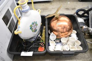 ALL ONE MONEY! Lot of Various Items Including Ceramic Mugs and Copper Colored Lid in Poly Bus Bins.