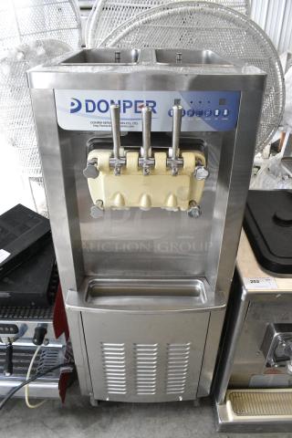 Donper BH7480 Stainless Steel Commercial Floor Style 2 Flavor w/ Twist Soft Serve Ice Cream Machine on Commercial Casters. 230 Volts. - Item #1184904