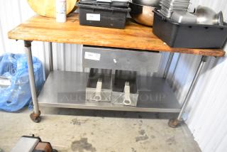 Butcher Block Wooden Table w/ Metal Under Shelf and Drawer on Commercial Casters.