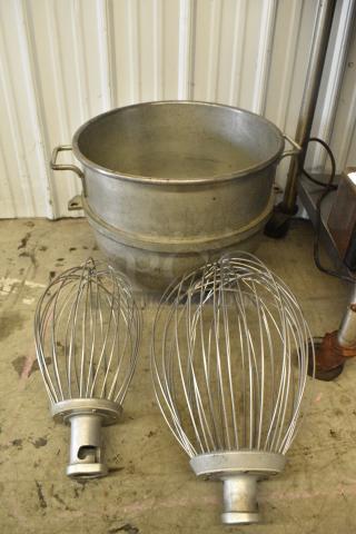 3 Metal Items for Mixer Including Hobart VMLH60 60 Quart Mixing Bowl, Hobart VMLH40D 40 Quart Whisk Attachment and Hobart VM80D 80 Quart Whisk Attachment. 3 Times Your Bid!
