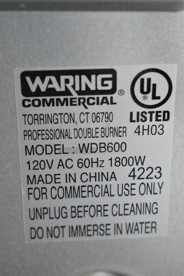 BRAND NEW SCRATCH AND DENT! Waring WDB600 Double Burner Solid Top Countertop Range. 120 Volts, 1 Phase. Tested and Working! - Image 7 of 8