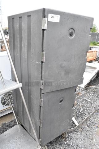 Cambro 1826DBC Gray Poly 2 Compartment Food Holding Cabinet on Commercial Casters.