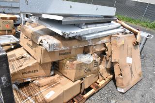16 BRAND NEW SCRATCH AND DENT! Items Including 6000ES3036S Regency 30" x 36" 16-Gauge Stainless Steel Equipment Stand with Undershelf, 600WTS30X96B Regency Spec Line 30" x 96" 14-Gauge 304 Stainless Steel Commercial Open Base Work Table with 4" Backsplash, 109CARTBUSBK Choice Black Utility / Bussing Cart with Three Shelves - 32" x 16", 600DR2020 Regency 20" x 20" x 5" Drawer with Stainless Steel Front, 600MS1824 Regency 24" x 18" Stainless Steel Microwave Shelf, Stainless Steel Shelves. 16 Times Your Bid! May Be Missing Pieces.